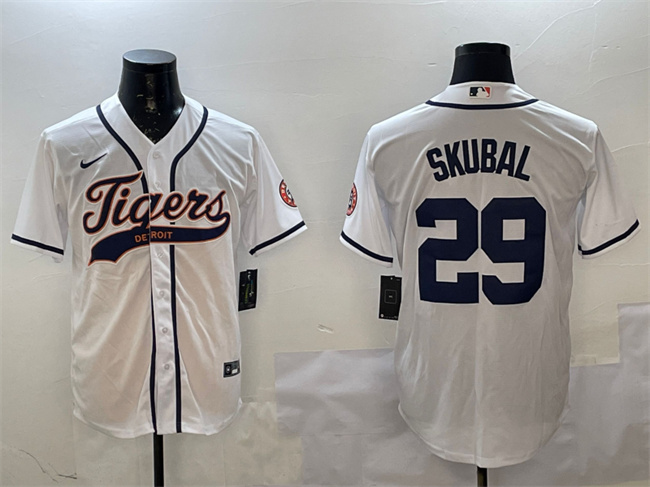 Men's Detroit Tigers #29 Tarik Skubal White With Patch Cool Base Stitched Baseball Jersey Men's Detroit Tigers #29 Tarik Skubal White With Patch Cool Base Stitched Baseball Jersey